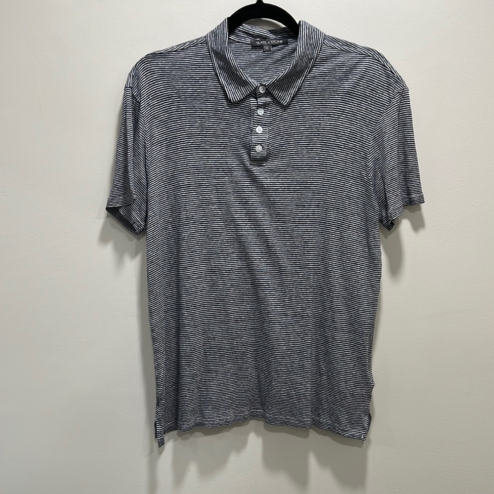 𝅺SLATE & Stone Navy Blue and White Striped Polo Short Sleeve Collared Shirt